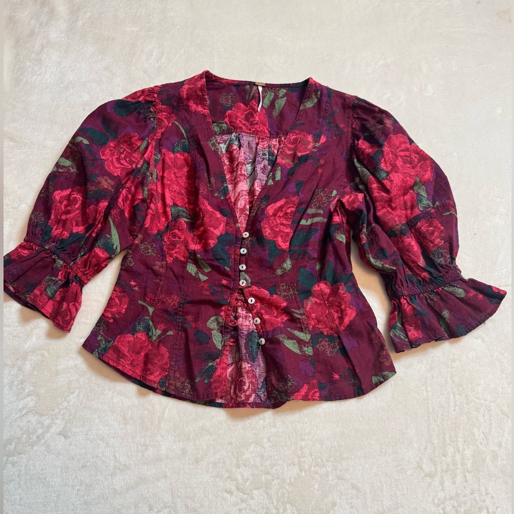 Free People Burgundy Floral Blouse